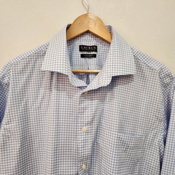 VTG Lauren Ralph Lauren Dress Shirt Mens Size 17 XL Blue Gingham Checks Stretch - Picture 2 of 14